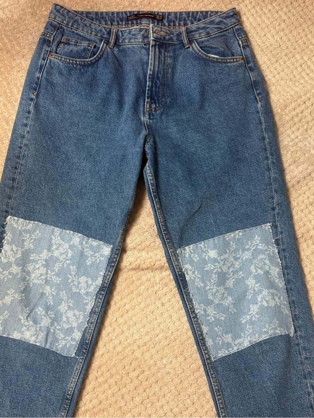 Zara Blue Denim Jeans with Light Floral Knee Patches